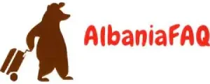 A brown bear is holding a suitcase, with bold red albaniafaq letters